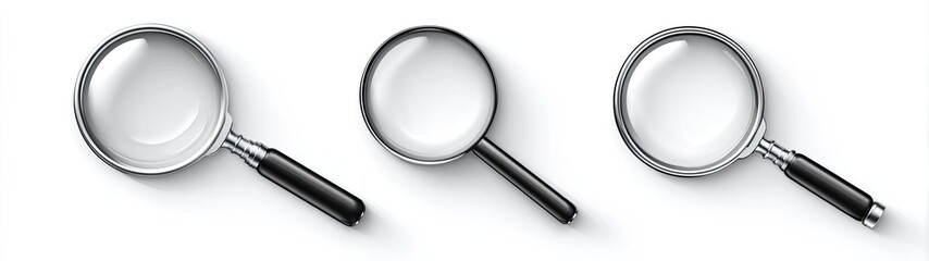 Three magnifying glasses with black handles on white background