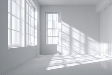 Empty, sunlit white room with large windows