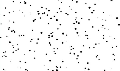 Abstract background of scattered black circles on white.  A multitude of small, uniformly sized black circles are randomly dispersed across a white field
