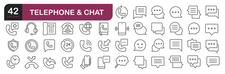 Telephone and chat icons set. Web line icons collection related communication, contact. Editable stroke