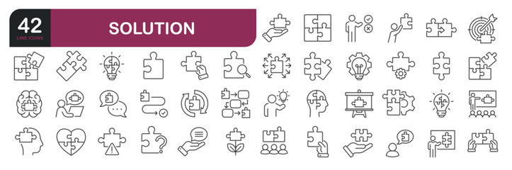 Fototapeta premium Solution icons set. Web line icons collection related idea, jigsaw, puzzle. Editable stroke