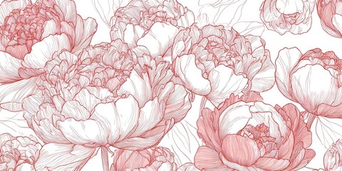 Delicate, rosy peonies in intricate line art, set against a white background
