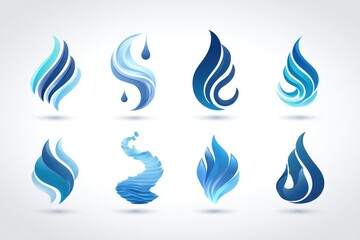 Collection of abstract water droplet or wave logos. Six stylized, stylized, blue water-themed designs, varying in form. Soft gradients and shadows create depth. Light background