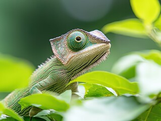 Fototapeta premium A chameleon portrait vibrant scales and emerald eyes.