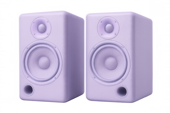 Purple studio monitors positioned for professional audio mixing, resting against white backdrop