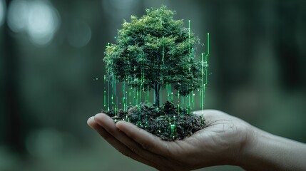 Hand holding a small tree with glowing digital data lines, symbolizing the integration of eco-friendly technologies and environmental sustainability. Concept of green energy for the future