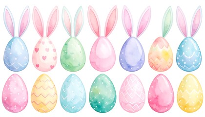 Watercolor easter egg collection with bunny ears.