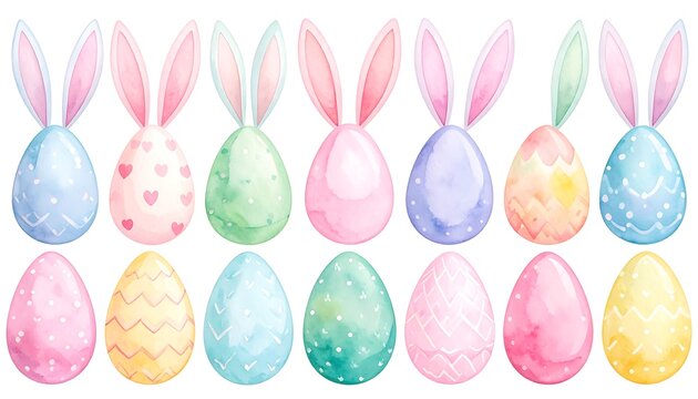 Watercolor easter egg collection with bunny ears.