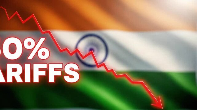 50% Tariffs on indian economy downturn and layoffs with a downward trending arrow.