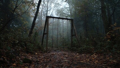 Abandoned swing set in misty forest. Foggy woodland path leads to weathered wooden swing set. Fallen leaves, dark trees
