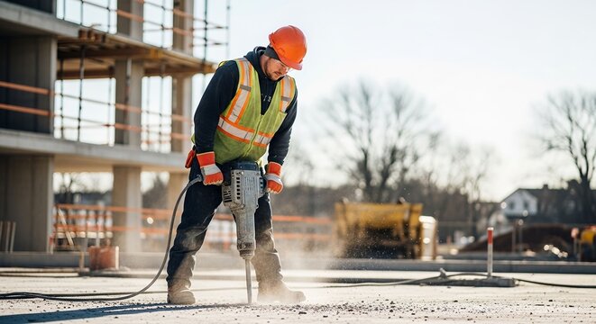 Construction worker using jackhammer on site with building in background