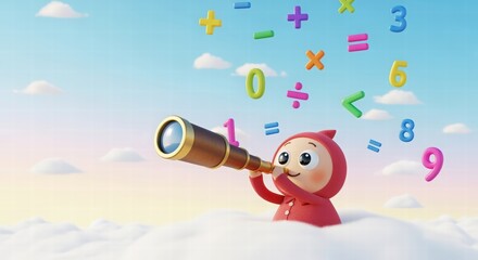 Cartoon Character Looking Through Telescope with Colorful Math Symbols in Cloudy Sky