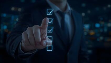 Document management system, DMS. Assessment form, questionnaire, checklist and clipboard task management. Businessman working with smartphone productivity checklist and filling survey form online.