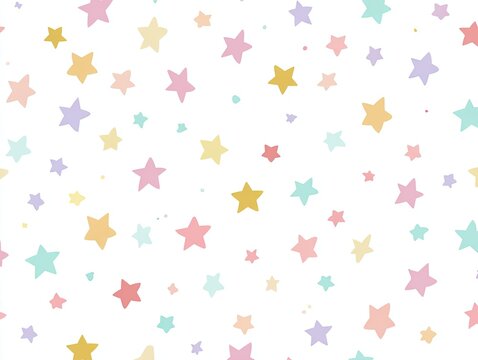 A whimsical pattern of many small, pastel-colored stars scattered across a white background