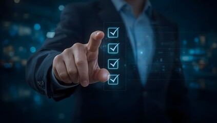 Document management system, DMS. Assessment form, questionnaire, checklist and clipboard task management. Businessman working with smartphone productivity checklist and filling survey form online.