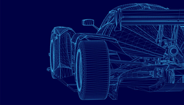 Blueprint of a race car on a blue background, featuring a detailed wireframe design with aerodynamic contours, technical specifications, and precision engineering.