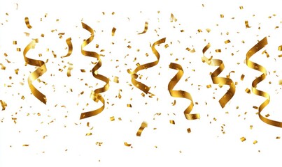 Gold confetti and streamers on white background (1)