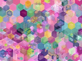 Abstract geometric pattern of overlapping hexagons and cubes in pastel colors