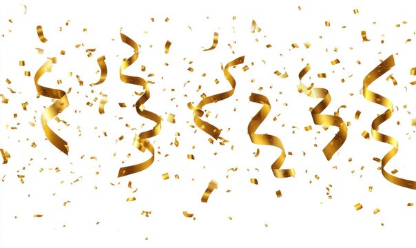 Gold confetti and streamers on white background (1)