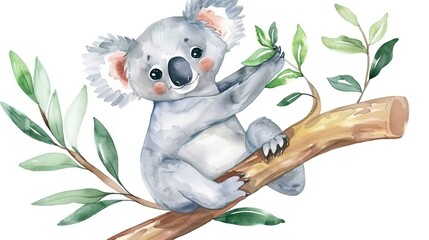 Watercolor cartoon baby koala tropical animal illustration