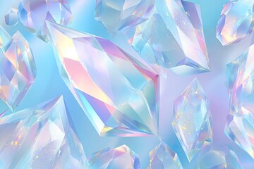 Abstract, iridescent crystals scattered on a light blue background