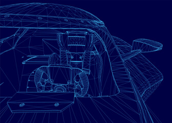 A sleek car blueprint on a blue background displays a detailed wireframe cockpit, aerodynamic contours, and intricate technical schematics emphasizing high-performance engineering and precision.