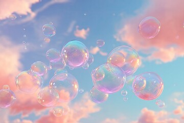 Pastel soap bubbles float in a soft sky