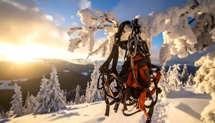 Harness Hanging on Snowy Tree Branch in Winter Landscape