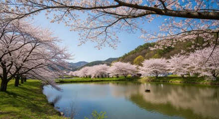 Obraz premium Scenic Cherry Blossom Landscape Reflected in Calm Lake Water Under a Clear Blue Sky