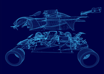 A sleek car blueprint on a blue background features aerodynamic design, low profile, and wide stance. Detailed elements include headlights, grille, wheels, and a prominent rear spoiler.