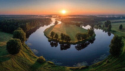 Panoramic sunrise over a meandering river, with lush green fields and forests