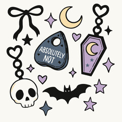 Creepy cute Halloween set with skull, coffin, bat, moon, and planchette for spooky season projects