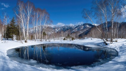 Panoramic winter landscape. Frozen pond reflecting snow-capped mountains and birch trees