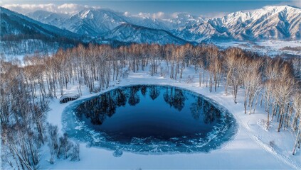 Winter wonderland; serene alpine lake encircled by snow-covered trees and mountains