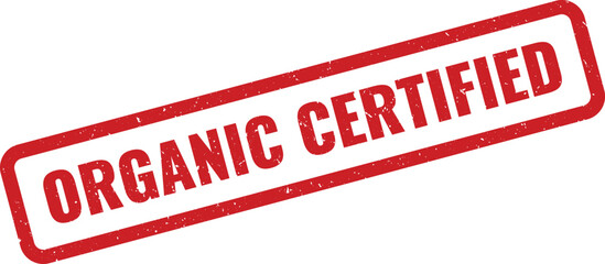 Red rectangular stamp with the words organic certified in white letters