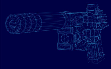 A 3D wireframe model of a pistol with a silencer on a blue background, showcasing intricate mechanical details and precise engineering components. The blueprint-style rendering highlights the barrel,.