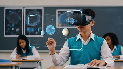 Student wearing VR headset interacting with holographic planets in classroom - Powered by Adobe