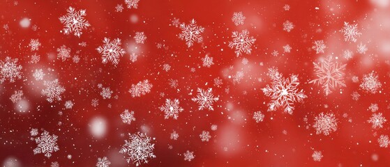 Many intricate snowflakes float on a vibrant red background