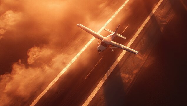 Small plane taxiing on runway at sunrise.  Fiery, golden light casts soft shadows.  Dramatic clouds surround the plane