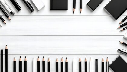Black and white stationery mockup border on a white wood table. Top view of a minimalist office desk scene with empty copy space.