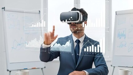 Businessman using virtual reality headset with data overlays - Powered by Adobe