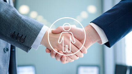 A professional business handshake photograph with a glowing digital user icon overlay.