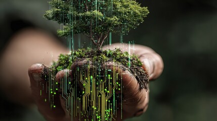 Hand holding a small tree with glowing digital data lines, symbolizing the integration of eco-friendly technologies and environmental sustainability. Concept of green energy for the future