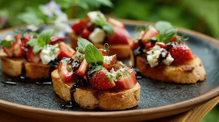Appetizing bruschetta topped with strawberries, cheese, basil, and balsamic glaze on a rustic plate