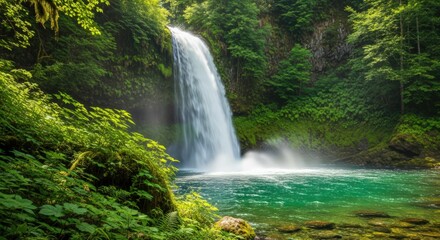 Fototapeta premium Majestic Waterfall Scenery: Lush Green Forest and Turquoise Water