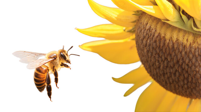 Bee Flying to Sunflower Collecting Pollen in Summer Nature Scene