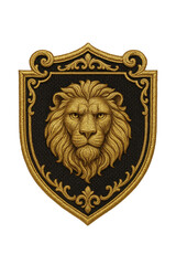 Fototapeta premium Embroidered Golden Lion Head Emblem with Ornate Scrollwork on Textured Dark Background
