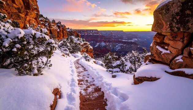 Hiking Path Covered in Snow Leading to Canyon View at Sunset