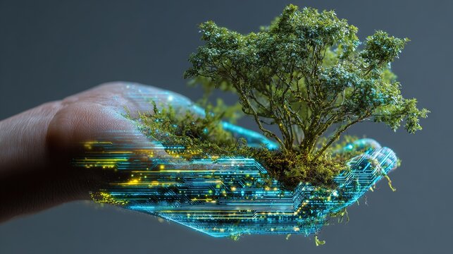 Hand holding a small tree with glowing digital data lines, symbolizing the integration of eco-friendly technologies and environmental sustainability. Concept of green energy for the future