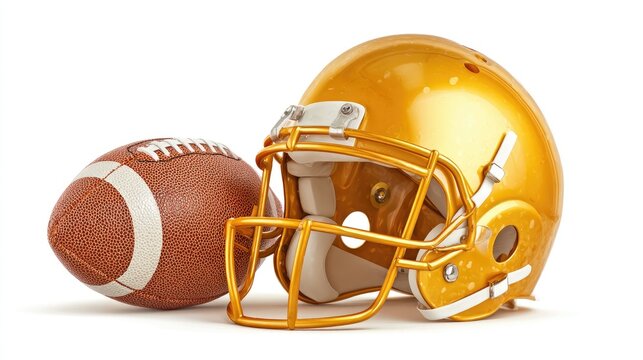 Gold Football Helmet and Brown Ball on White Background